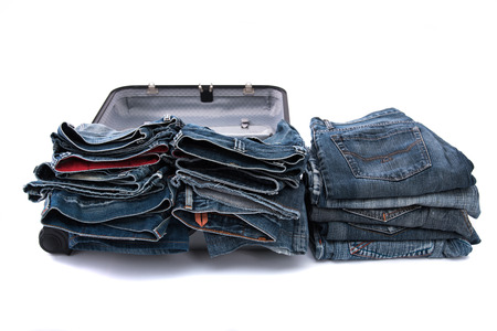 Old japan jean in luggage  on white background isolated.の写真素材