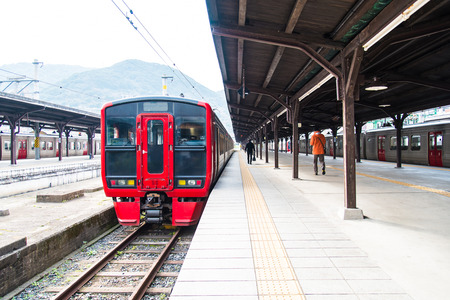 Local train waitng iat retro wooden station in mojiko city kitakyushu fukuoka japan.のeditorial素材