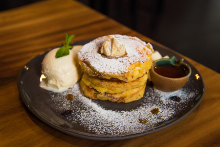 Close up of pancake on ceramic dish in cafe tokyo japan.の写真素材