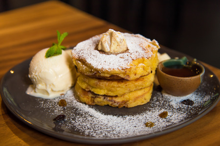 Close up of pancake on ceramic dish in cafe tokyo japan.の写真素材