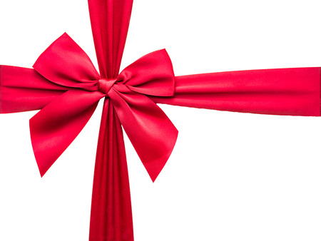 Close up of beautiful red ribbon on white background isolated.の写真素材