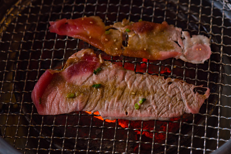 Close up of delicious japanese marinated meat grill on charcoal call yakiniku in japanese restuarant  hida takayama japan.の写真素材