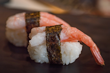 Close up of delicious japanese food call nigiri sushi made from sweet shrimp seaweed and japanese rice in local sushi food  kanazawa japan.の写真素材