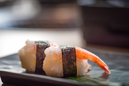 Close up of delicious japanese food call nigiri sushi made from sweet shrimp seaweed and japanese rice in local sushi food  kanazawa japan.の写真素材