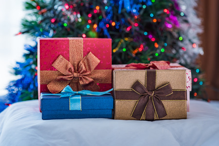 Close up of beautiful paper gift box for christmas and happy new year.の写真素材