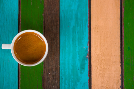Close up of simple hot espresso in white ceramic coffee cup at retro cafe shibuya tokyo japan.の写真素材