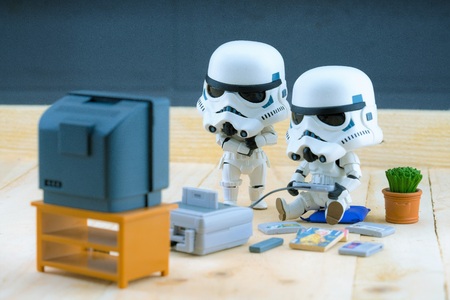 BANGKOK Thailand - December 18, 2015 : Stormtroopers figure model playing the game, The stormtroopers are soldiers in the Star Wars The Force Awakensのeditorial素材