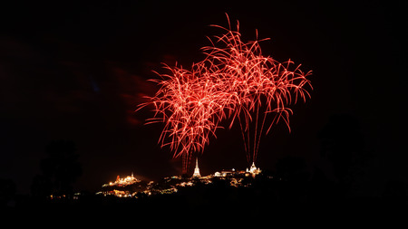 Fireworks festival over Phra Nakhon Khiri Khao Wang, Petchaburi, Thailandの写真素材