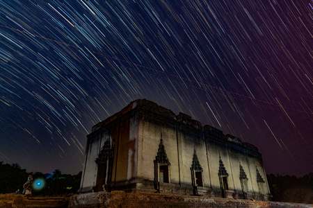 Startrail from wat wang Wiwegaram, Sangkhla buri District, Kanchanaburi, Thailandの写真素材