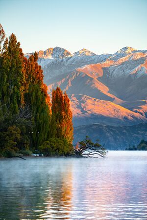 Scenic peace and colorful of lake wanaka and Mt. Aspiring at the back in the morning, One of tourist...
