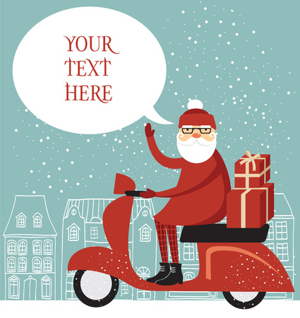 Trendy Santa delivering christmas gifts on a scooterのイラスト素材