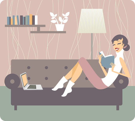 Young woman relaxing on sofa reading book at homeのイラスト素材