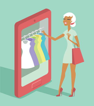 Woman using smartphone to choose a dress sonline shopping conceptのイラスト素材