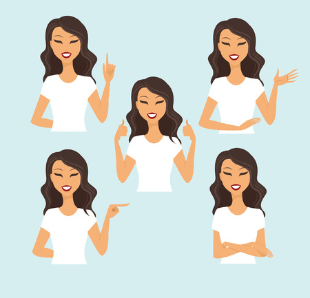 Young woman making different gestures vector setのイラスト素材