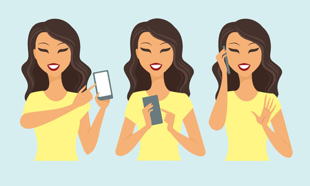 Young casual woman character using smartphone vectorのイラスト素材