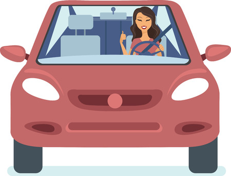 Young happy woman driving car flat vectorのイラスト素材