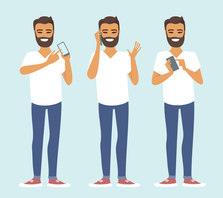 Young casual man character using smartphone vectorのイラスト素材