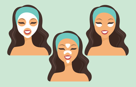 Young girl with various beauty masks flat vectorのイラスト素材
