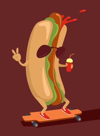 Hot dog character skating on longboard flat vector illustrationのイラスト素材