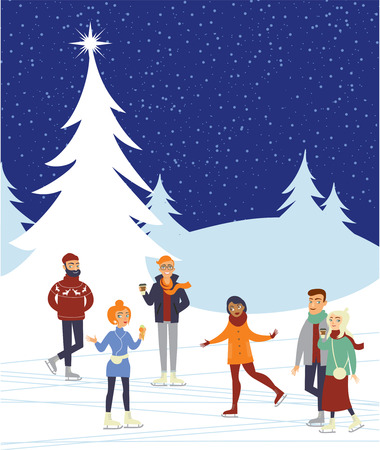 Group of people skaiting on winter ice rink in the parkのイラスト素材