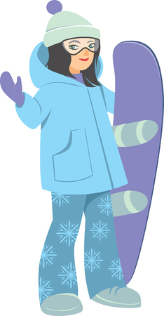 Happy young girl with Snowboard Vector Cartoon flat Style illustrationのイラスト素材