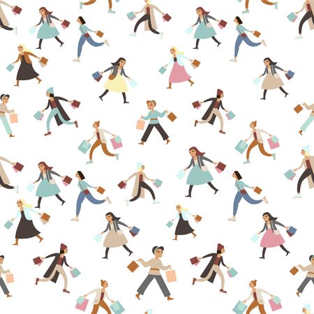 Seamless pattern of various trendyÂ runningÂ  girls carrying shopping bags white backgroundのイラスト素材