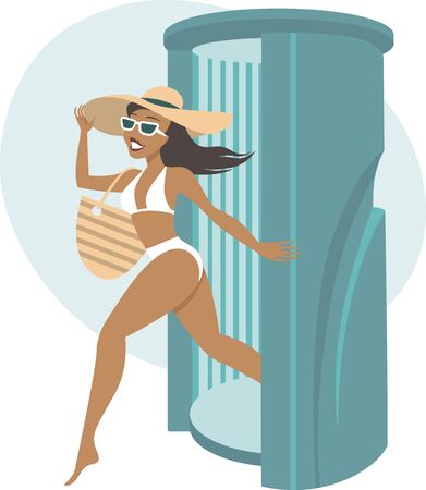YoungÂ tanned woman steps out ofÂ  solarium. Ready for vacation in tropical resort Â のイラスト素材