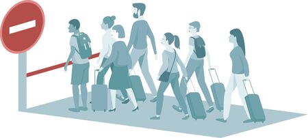 Restrictions on entry and exit. Crowd of depressed passengers standing against STOP sign.Â covid-19Â  pandemic concept.のイラスト素材