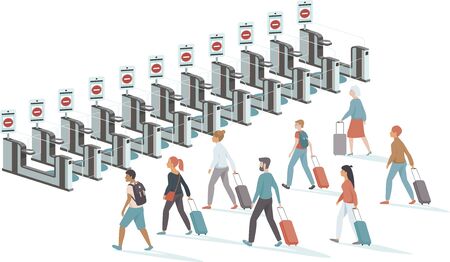 coronavirus COVID-19Â  disease outbreak concept. Lockdown theÂ countryÂ borders during coronavirus quarantine.Â  Crowd of upset passengers with closed e-gates in the airport.のイラスト素材