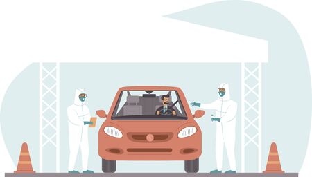 Coronavirus COVID-19 drive through testing site. Medical workers in full protective gear takes sample from driver inside the car. Drive-thru test site concept. Flat vector illustrationのイラスト素材