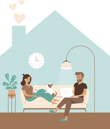 Family working from home remotely. Man and woman sitting on couch and working on laptop. Flat cartoon vectorÂ illustration for coronavirus outbreak covid-19 quarantineのイラスト素材
