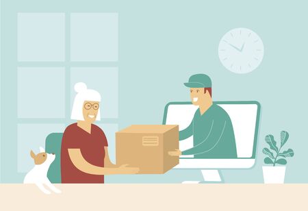 Courier giveÂ cardboard box from computer monitor display to elderly senior womanのイラスト素材