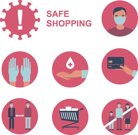 Safe shopping in public place during coronavirus COVID-19 disease outbreak. Flat vector illustration icon setのイラスト素材