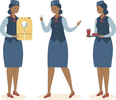 Set of stewardess character design. Cabin crew flight attendant flat vector illustration.のイラスト素材