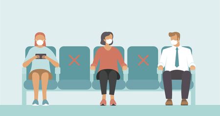Social distance in public place. Seating regulations in airport area.Â Â People wearing mask to prevent infection from coronavirus COVID-19.Â  Flat vector iilustrationのイラスト素材