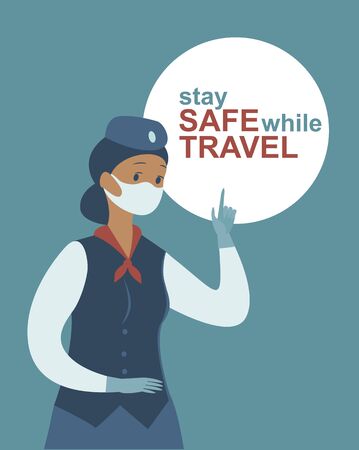 Stay safe whileÂ travel. Stewardess character wearing protective medical mask. Concept Flat vector illustration for coronavirus COVID-19 pandemic.Â  Â Â のイラスト素材