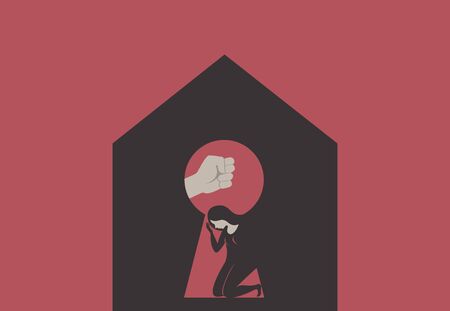 Domestic Violence during isolation.Silhouette of Male fist over scared woman through house keyhole. concept art illustration for coronavirus COVID-19 quarantine.のイラスト素材