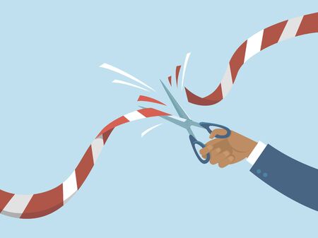 Human hand cutting redÂ barricade tapeÂ with scissors. End of COVID-19 quarantine concept.Â  Flat vector illustration.のイラスト素材