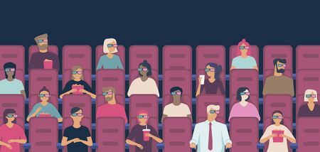 People watching movie in cinema hall eatingÂ popcorn wearingÂ  3D glasses.Social distancing concept in public places after covid-19 coronaviruspandemic. Flat vector illustrationのイラスト素材