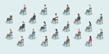 Social distancing on public events after coronavirus COVID-19 disease pandemic outbreak. Large gathering. People sitting with distance from each other. Concept Flat vector illustrationのイラスト素材