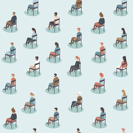 Social distancing on public events after coronavirus COVID-19 disease pandemic outbreak. Large gathering. People sitting with distance from each other. Concept Flat vector seamless patternのイラスト素材