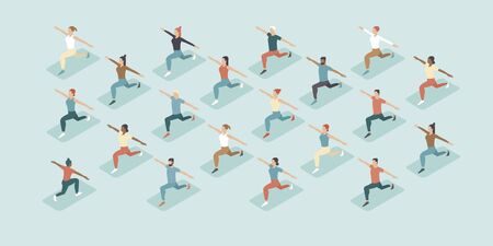 Social distancing in a gym. People doing group exercise keeping distance from each other. Training in a sport club after covid-19 coronavirus quarantine. Flat vector illustrationのイラスト素材