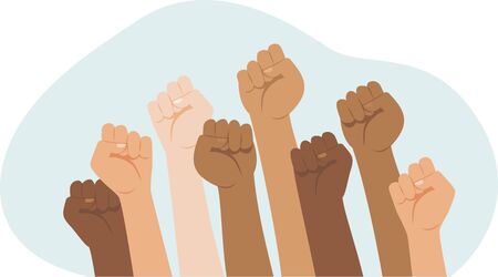 Protesters hands.Â Multiracial fists hands up vector illustration. Concept of unity, revolution, fight, cooperation. Flat vector illustration.Â Â のイラスト素材