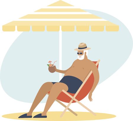 Old senior man enjoying a coconut cocktail underÂ parasol. sleeping in a beach chair. Carefree retirement, travel, tropical vacation, summer tourism concept. Flat vector characterÂ Â のイラスト素材