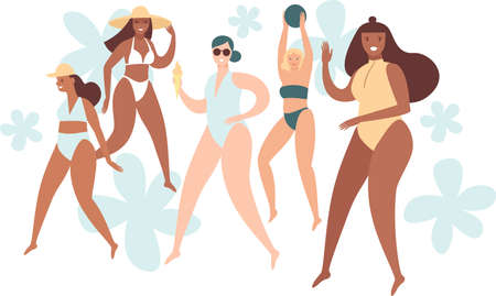Various body positive girls wearing swimwear. Summer beach characters. Beauty diversity of different women. Vector flat style illustrationのイラスト素材