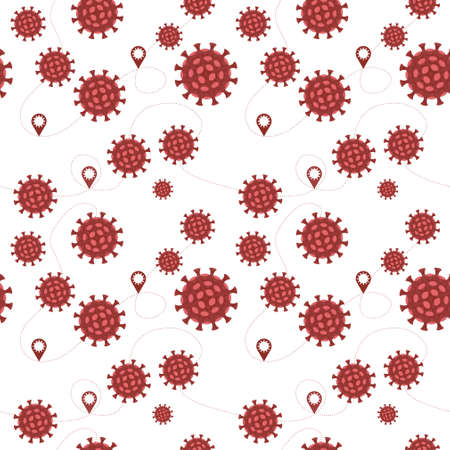 Coronavirus all around the world, the spread of novel coronavirus concept. Covid-2019, dangerous virus, warning signals show the coronavirus spot, starting point spread to other countries, pandemic. Flat vector seamless patternのイラスト素材