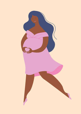 Happy pregnant woman. Expecting a child with love. Cartoon style drawing of future mother-to-be. Vector illustration character in a flat styleのイラスト素材