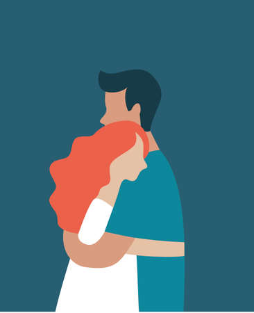 young people hugging each other. Young couple embrace with love and care. Love you. Happy Hug day greeting card. Flat vector illustrationのイラスト素材