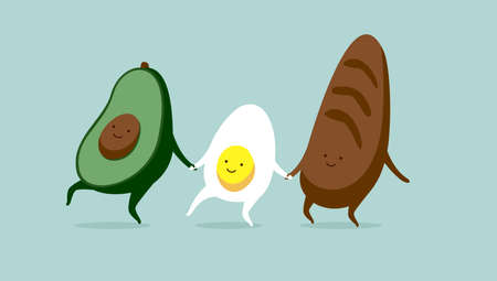 Funny characters egg avocado and bread. Breakfast or brunch sandwich. Best friends set. Vector...