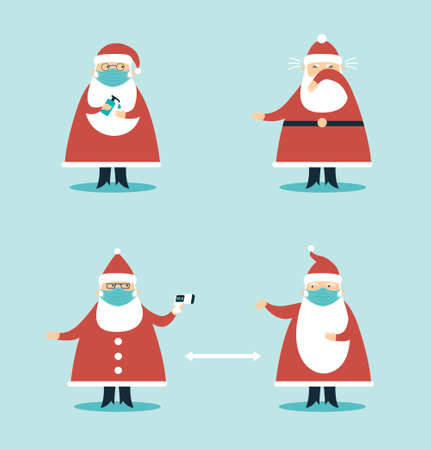 Santa Claus Characters wearing protective face mask using hand sanitizer measuring temperature. Keeping social distance. Safety tips for coronavirus Covid-19 2019-ncov pandemic on Christmas holidaysのイラスト素材